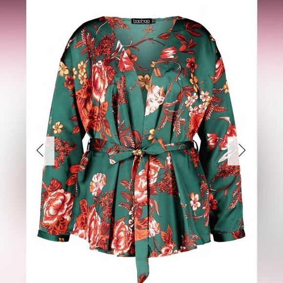 BOOHOO PLUS FLORAL PRINT WRAP TOP TEAL 16 NWT IN PKG - Picture 3 of 7